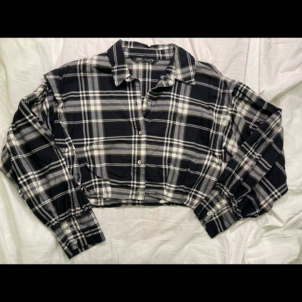 Zara black plaid button up crop top